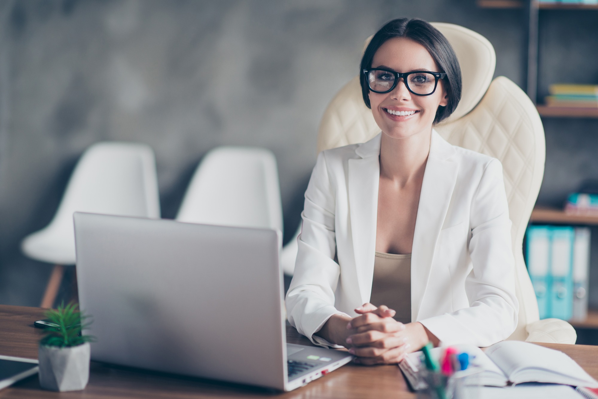 Portrait Of Confident Smart Successful Beautiful Businesswoman Wearing White Jacket.